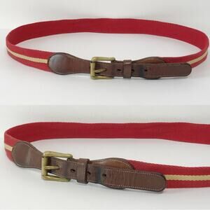 Dooney and Burke Solid Brass Buckle Red Tan Stripe Wool Surcingle Leather Belt